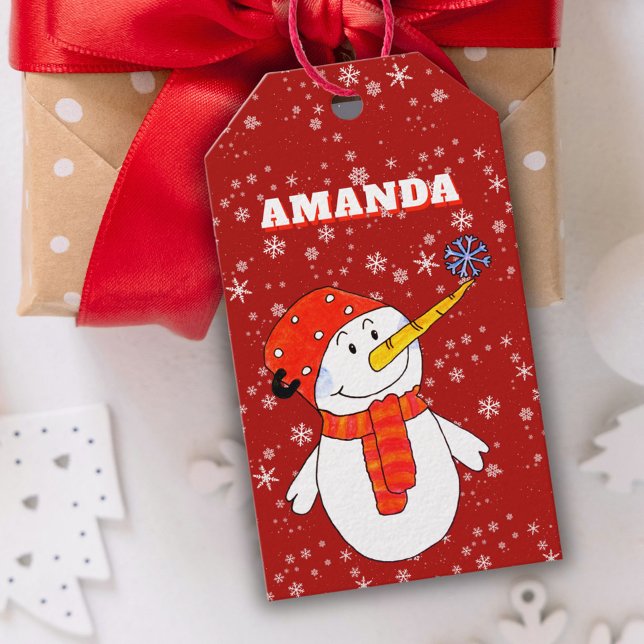 Étiquettes-cadeau Red Cute Snowman Personnalisé Enfants Noël (Créateur téléchargé)