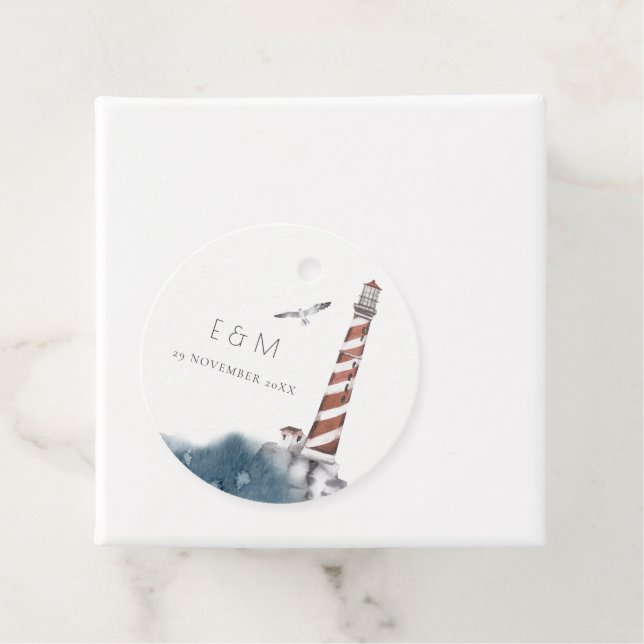 ÉTIQUETTES CADEAU RED DUSKY BLUE LIGHTHOUSE SEA MONOGRAS MARIAGE FA (En situation)
