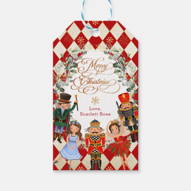 Étiquettes-cadeau Red Gold Nutcracker Joyeux Noël Fête (Devant)