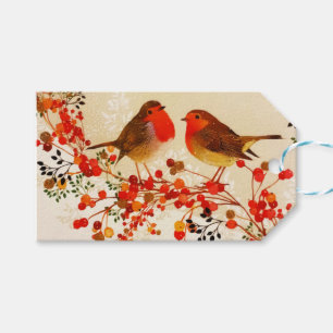 Étiquettes-cadeau Red Gold Winter Birds Holly Berry Branches