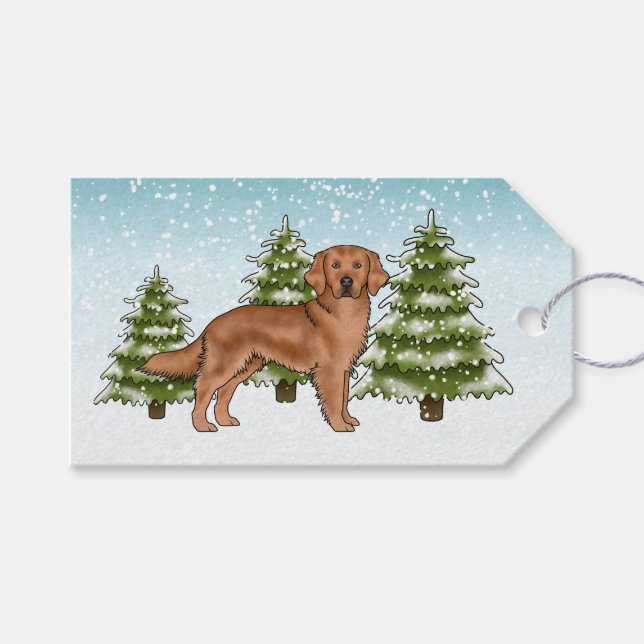 Étiquettes-cadeau Red Golden Retriever Chien Blue Snowy Noël (Devant (Horizontal))