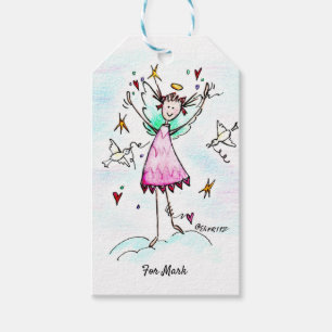 Étiquettes-cadeau Red Gown Angel apportant des coeurs avec des colom