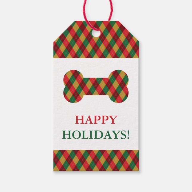 Étiquettes-cadeau Red Green Jaune Festive Jacquard Motif chien os (Devant)