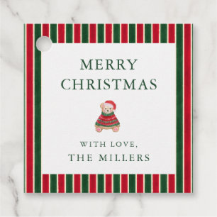 Étiquettes Cadeau Red Green Stripes Preppy Bear Christmas Cadeaux Ta