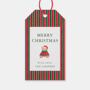 Étiquettes-cadeau Red Green Stripes Preppy Teddy Christmas Cadeaux T