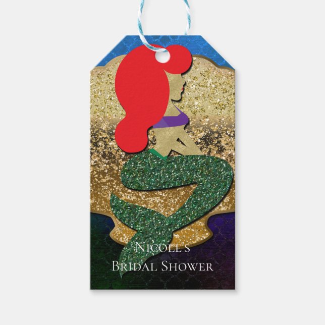 Étiquettes-cadeau Red Haired Mermaid Golden Seashell Party Favoriser (Devant)