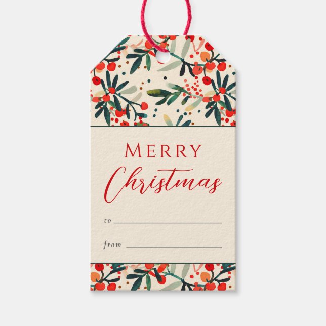 Étiquettes-cadeau Red Holly Berries Joyeux Noël (Devant)
