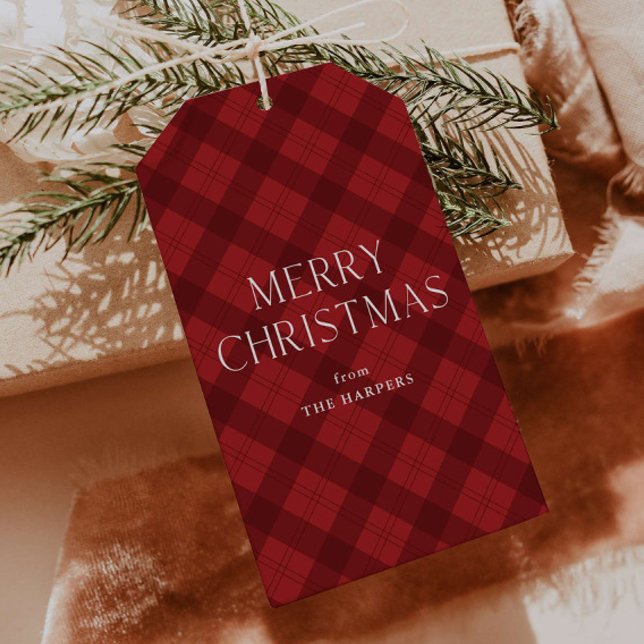 Étiquettes-cadeau Red Plaid Merry Christmas  (Modern red plaid rustic Merry Christmas gift tag.)