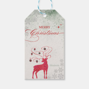 Étiquettes-cadeau Red Reindeer Silver Snowflakes Green Christmas