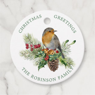 Étiquettes Cadeau Red Robin, pin, Christmas Holly, cloches Favoriser