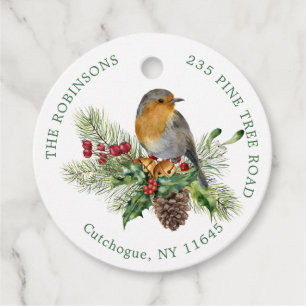 Étiquettes Cadeau Red Robin, pin, Christmas Holly, cloches Favoriser