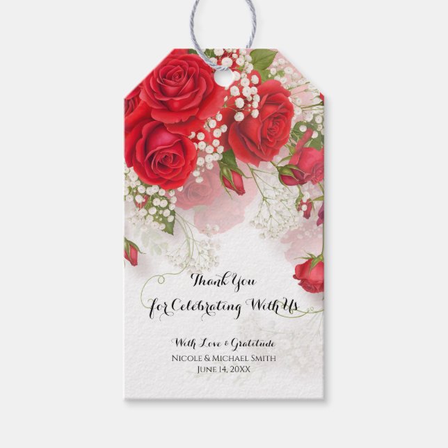 Étiquettes-cadeau Red Roses & Babys Breath Elegant Floral Wedding  (Devant)