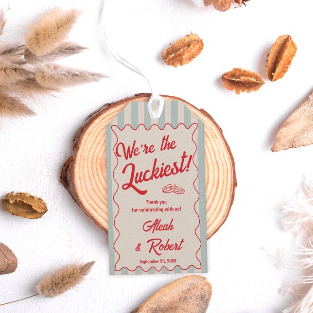 Étiquettes-cadeau Red Script Blue Stripes Retro Wedding (Créateur téléchargé)