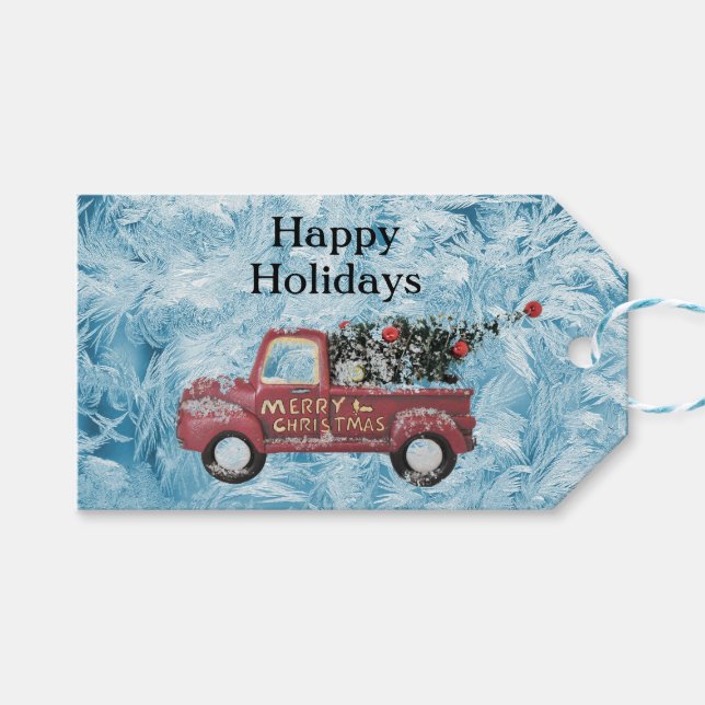 Étiquettes-cadeau red vintage truck on blue snowflawgrock (Devant (Horizontal))