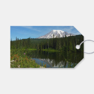 Étiquettes-cadeau Reflet du lac du mont Rainier avec des fleurs sauv