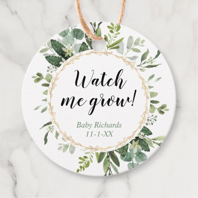 Étiquettes Cadeau Regardez-moi cultiver baby shower d'eucalyptus or  (Devant)