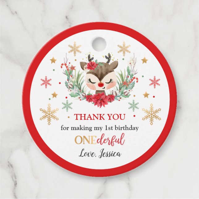 Étiquettes Cadeau Reindeer Noël 1er anniversaire Red Winter Deer (Devant)
