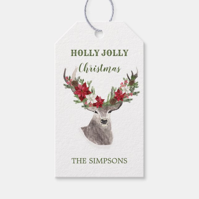 Étiquettes-cadeau Reindeer, Noël Poinsettia (Devant)
