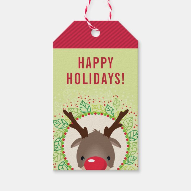 Étiquettes-cadeau RÉINDEUR NOËL mignon nez rouge rudolph rouge vert (Devant)