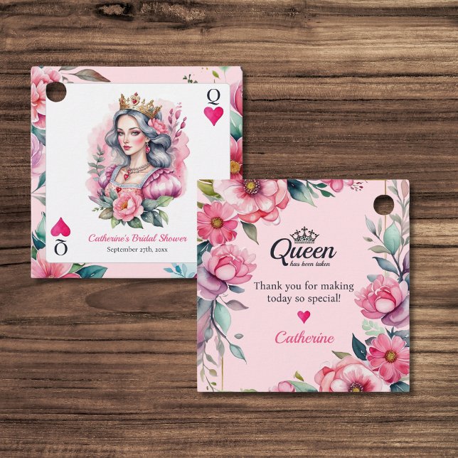 Étiquettes Cadeau Reine de Cœur Carte à Jouer Rose Baby Shower Maria (Top view queen of hearts bridal shower watercolor pink floral vintage playing card Favor Tag)