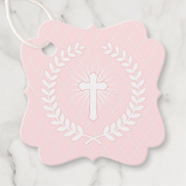 Étiquettes Cadeau Religion de laurier rose et blanc avec croix (Devant)