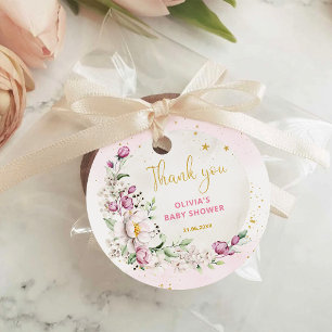 Étiquettes Cadeau Remerciement Baby Shower Fleur de Lune Rose