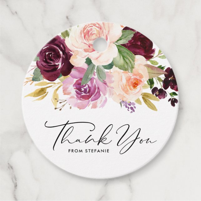 Étiquettes Cadeau Remerciement de Baby Shower Fleurs Bourgogne et Pê (Devant)