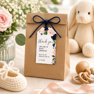 Étiquettes-cadeau Remerciement de Baby Shower Fleurs Rose Navy
