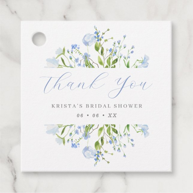 Étiquettes Cadeau Remerciement de Baby Shower Mariage Bleu Clair Flo (Devant)