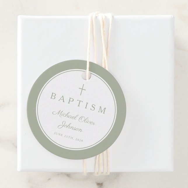 Étiquettes Cadeau Remerciement de baptême vert sauge moderne (Modern Sage Green Thank You Baptism Favor Tags)