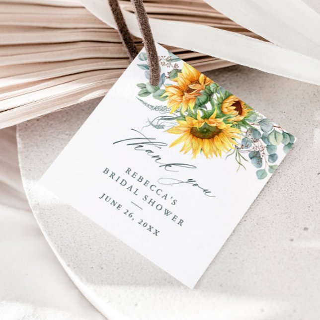 Étiquettes Cadeau Remerciement de Fête de Fiançailles au Tournesol R (Elegant rustic sunflower eucalyptus white bridal shower thank you favor card.)