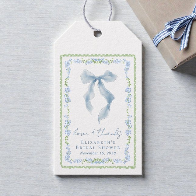 Étiquettes-cadeau Remerciement de Fiançailles au Ruban Bleu Élégant (Elegant Blue Bow Bridal Shower Thank You Gift Tags)