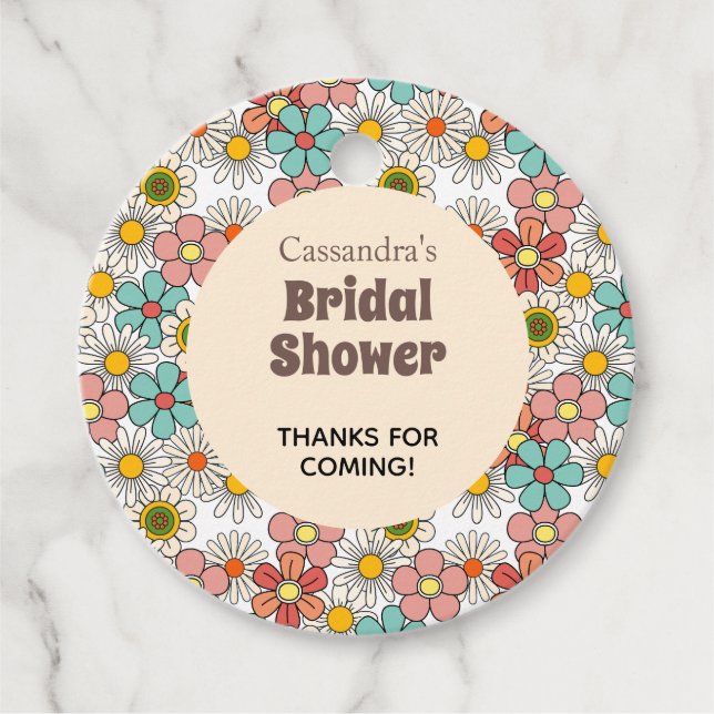 Étiquettes Cadeau Remerciement de Fiançailles Fleur Rétro Hippie Gro (Devant)
