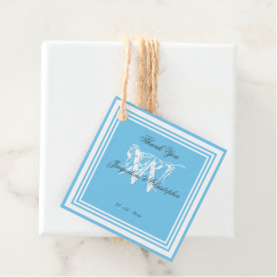 Étiquettes Cadeau Remerciement de mariage Aqua Blue Monogramme Blanc