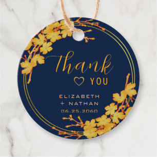 Étiquettes Cadeau Remerciement de mariage bleu marine floral or élég