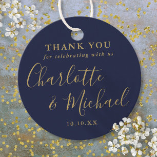 Étiquettes Cadeau Remerciement De Mariage Écriture Navy Blue Et Or