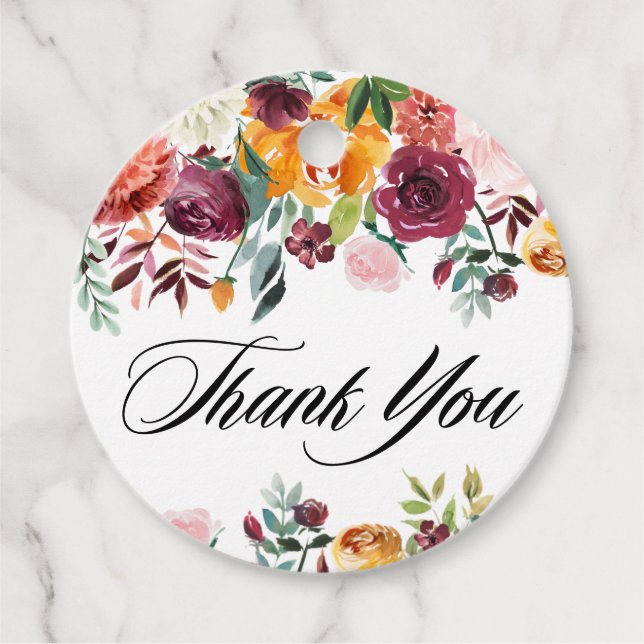 Étiquettes Cadeau Remerciement de mariage floral automnal à l'aquare (Devant)