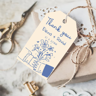 Étiquettes-cadeau Remerciement de mariage floral bleu dessiné à la m