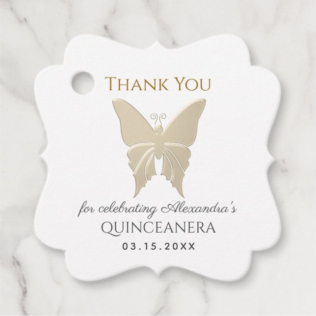 Étiquettes Cadeau Remerciement de Quinceanera en or (Devant)