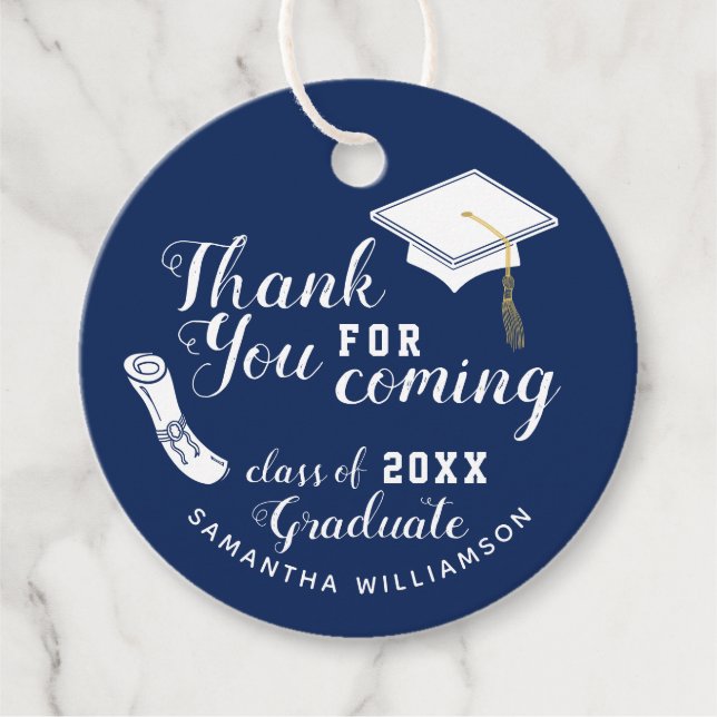 Étiquettes Cadeau Remerciement de remise des diplômes Bleu et Blanc  (Devant)