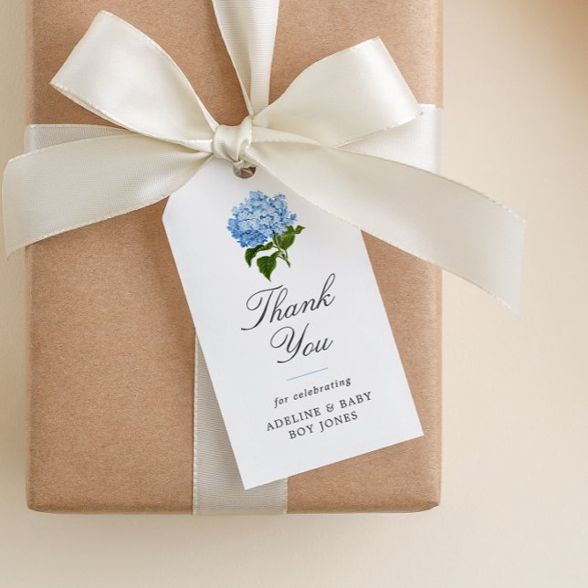 Étiquettes-cadeau Remerciement Élégant pour Baby Shower Blue Hydrang (paper baby shower favor gift tag with elegant fonts and blue hydrangea blossom)