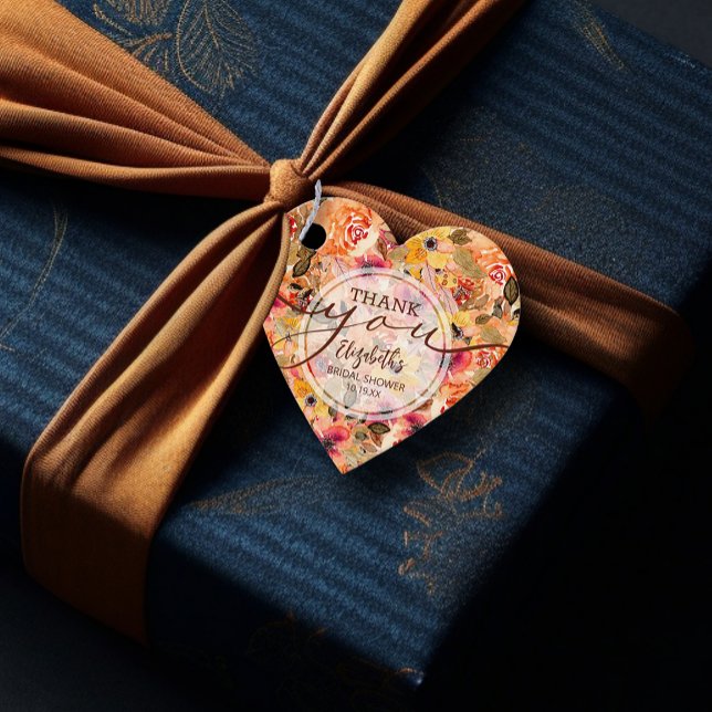 Étiquettes Cadeau Remerciement Élégant pour une Fête de Mariage Flor (Elegant Autumn Floral Heart Shaped 2"x 2" Bridal Shower Thank You Favor Tags)