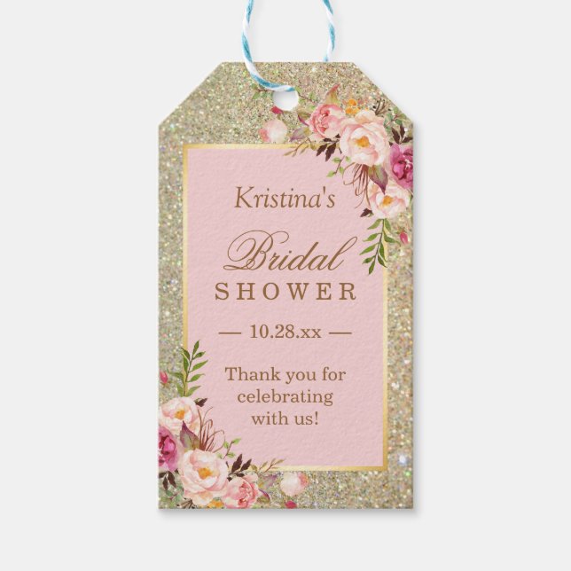 Étiquettes-cadeau Remerciement Fête de Mariage Pailleté Or Fleurs Ro (Devant)