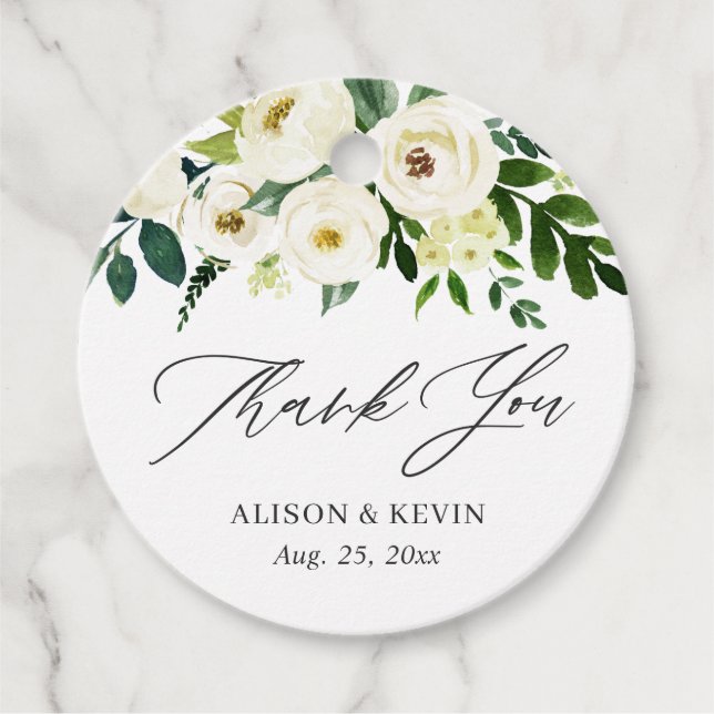 Étiquettes Cadeau Remerciement floral blanc de verdure à l'aquarelle (Devant)