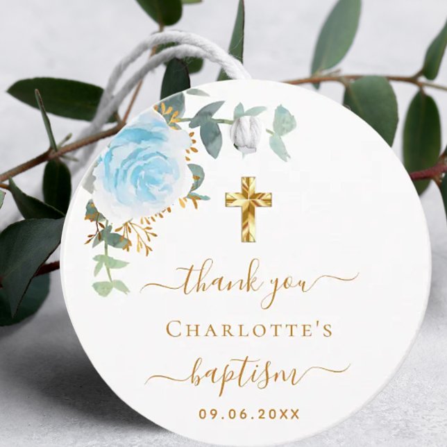 Étiquettes Cadeau Remerciement floral bleu clair eucalyptus baptême (Créateur téléchargé)