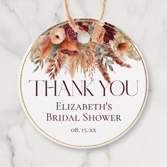 Étiquettes Cadeau Remerciement Pampas Fleurs Dorées en Terre Cuite d (Devant)