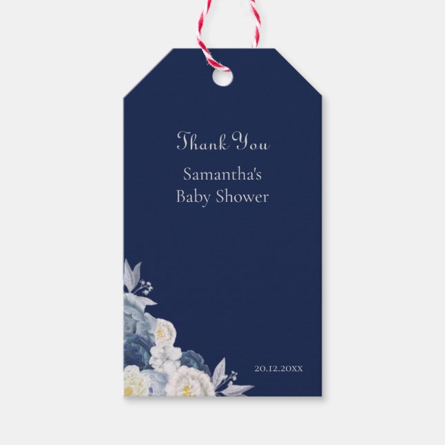 Étiquettes-cadeau Remerciement pour Baby Shower Fleurs Bleu Marine (Devant)