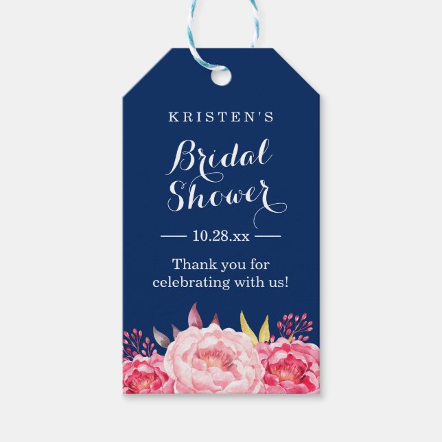 Étiquettes-cadeau Remerciement pour Baby Shower Floral Bleu Marine R (Devant)