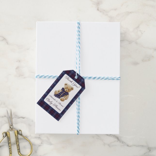 Étiquettes-cadeau Remerciement pour Baby Shower Thème Ours à Carreau (Avec de laficelle)