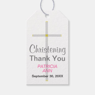 Étiquettes-cadeau Remerciement pour baptême Croix argentée Fille Ros